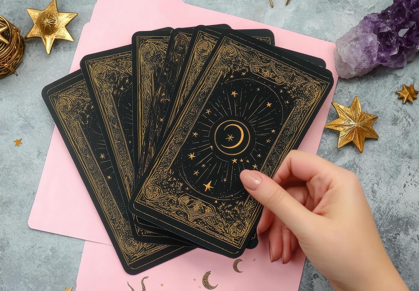 Tarot card reading session with beautifully designed cards on a pink background photo