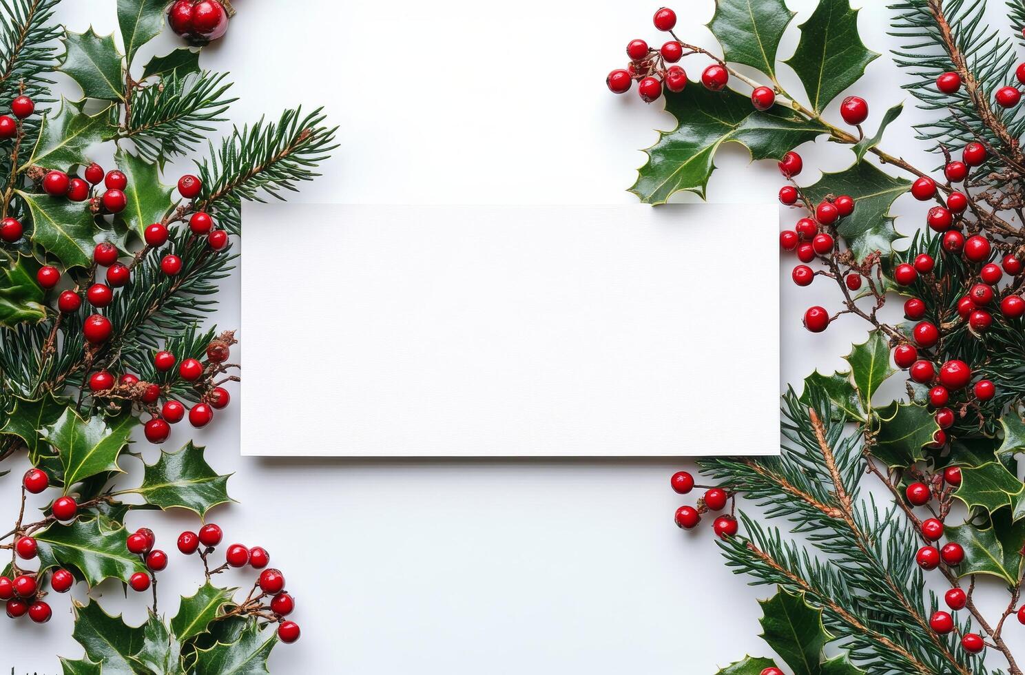 Festive holiday decoration with evergreen branches, red berries, and ornaments on a white background photo