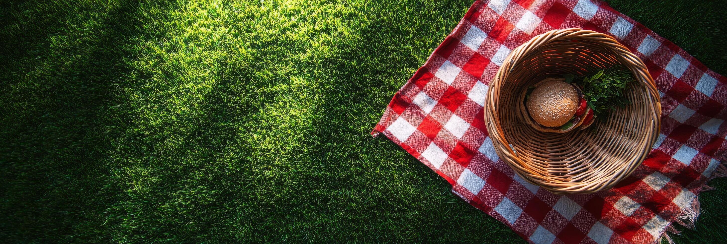 A woven basket rests on vibrant green grass with a red and white checkered cloth inside photo