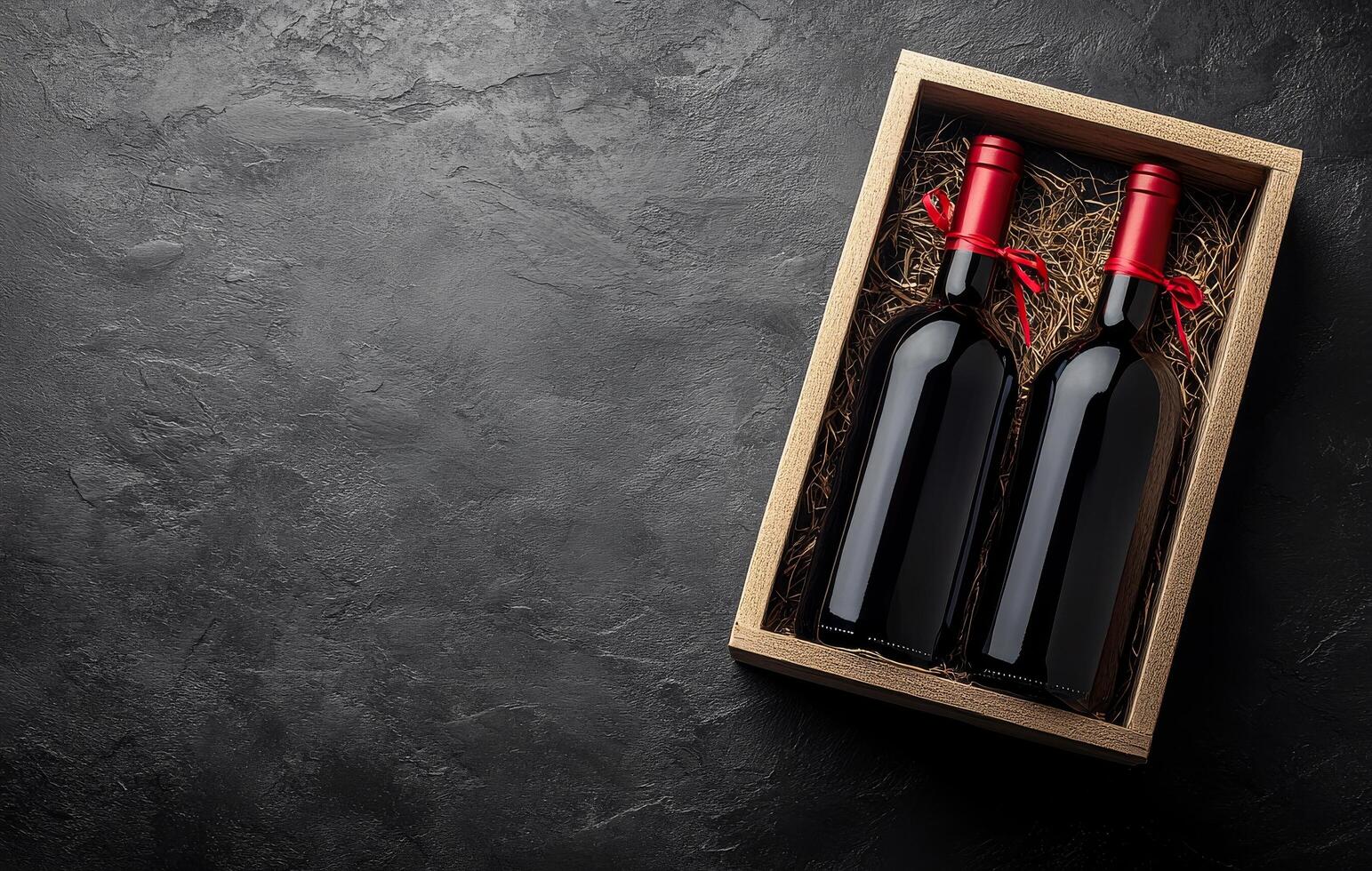 Elegant wooden box containing two wine bottles with red corks on a textured dark surface photo