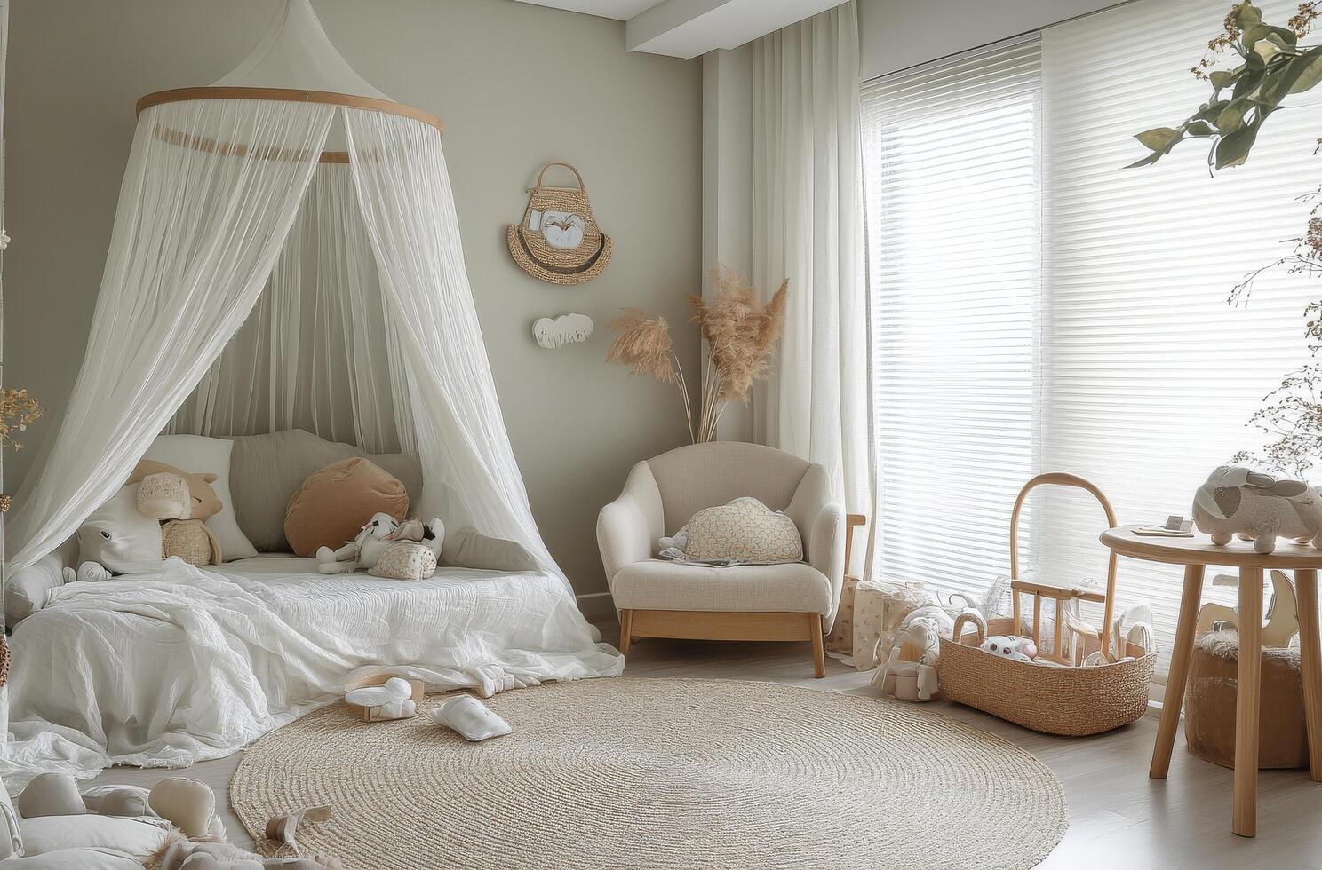 Cozy and minimalistic baby nursery with natural wood furniture and soft textures photo