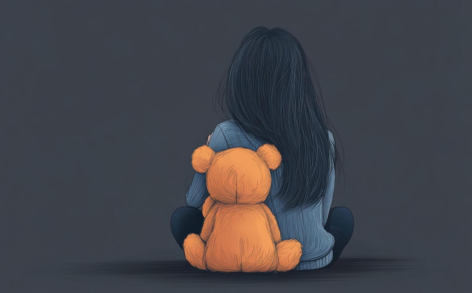 Young girl sitting quietly with a teddy bear in a dimly lit room during evening hours photo