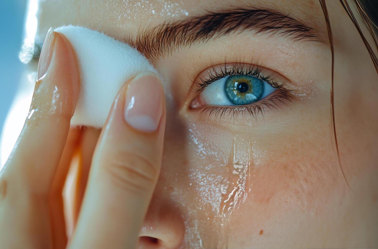 A young woman applies toner to her skin using a cotton pad in natural light at home photo