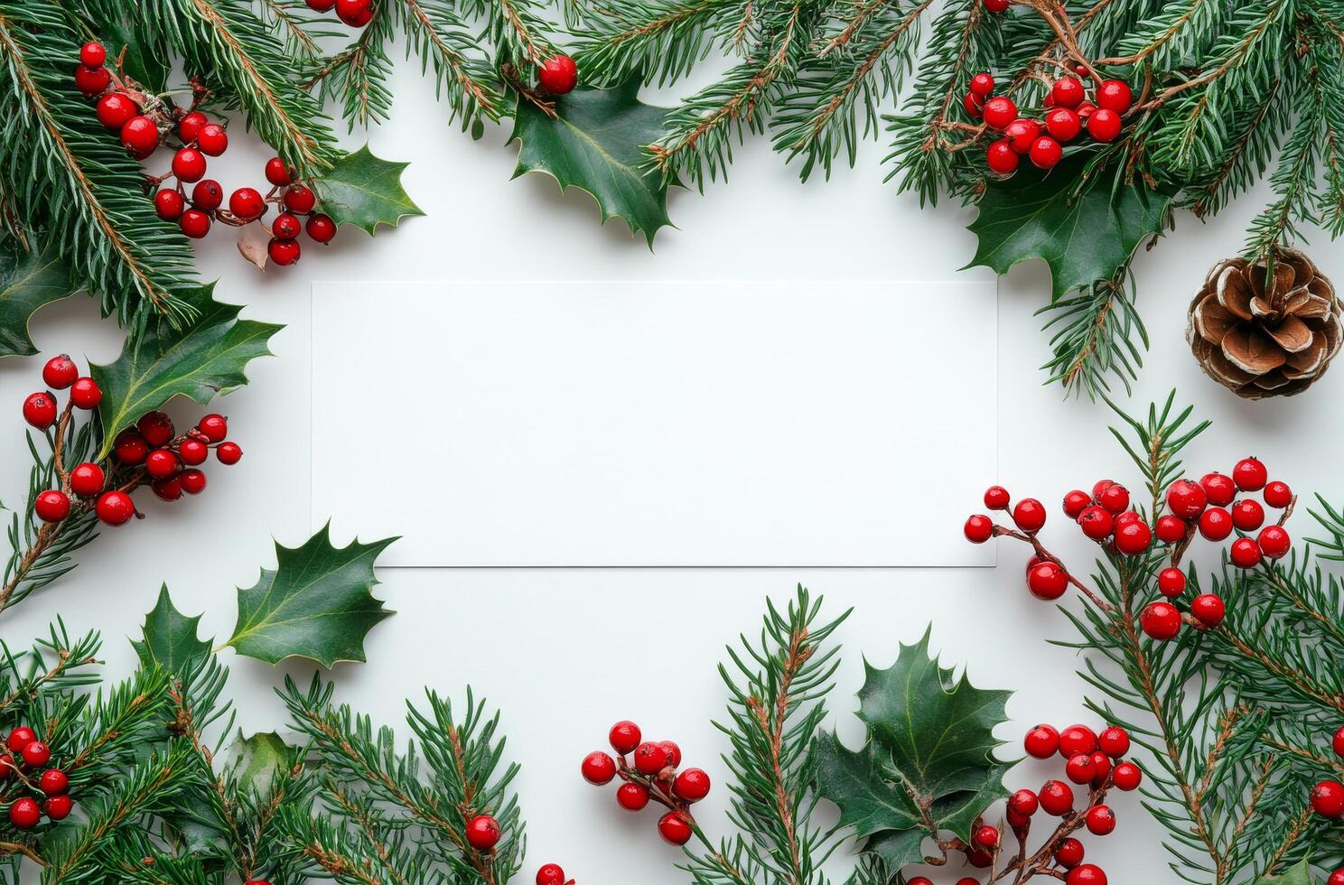 Festive holiday card surrounded by evergreen branches and red berries on a light background photo