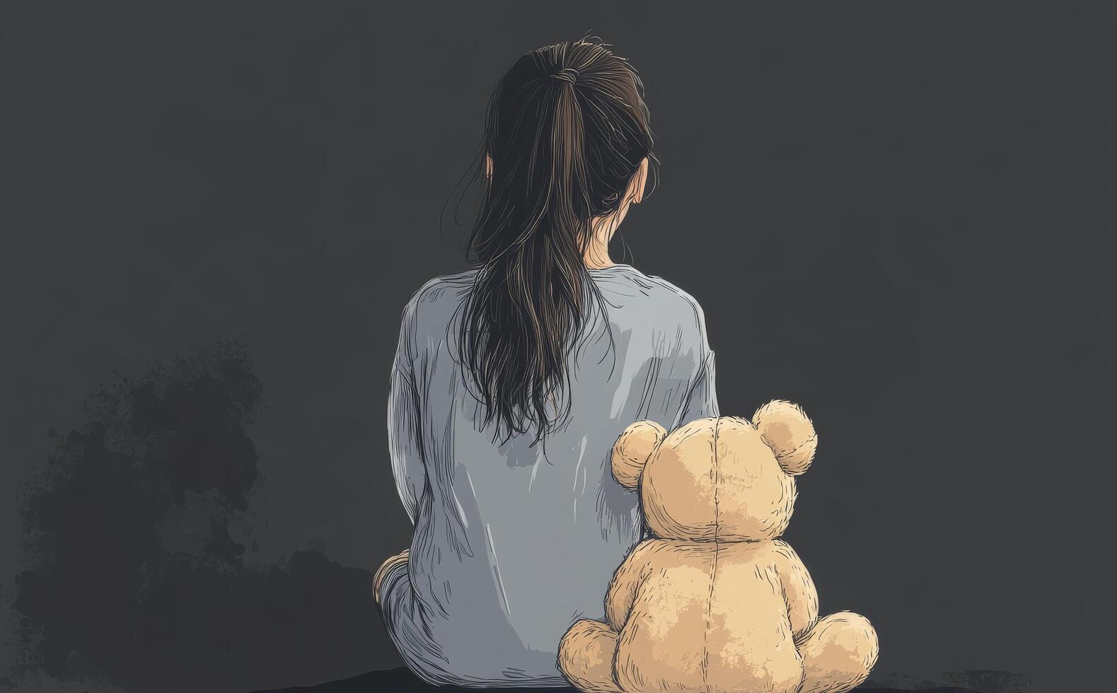 Young girl sitting quietly with a teddy bear in a dimly lit room during evening hours photo
