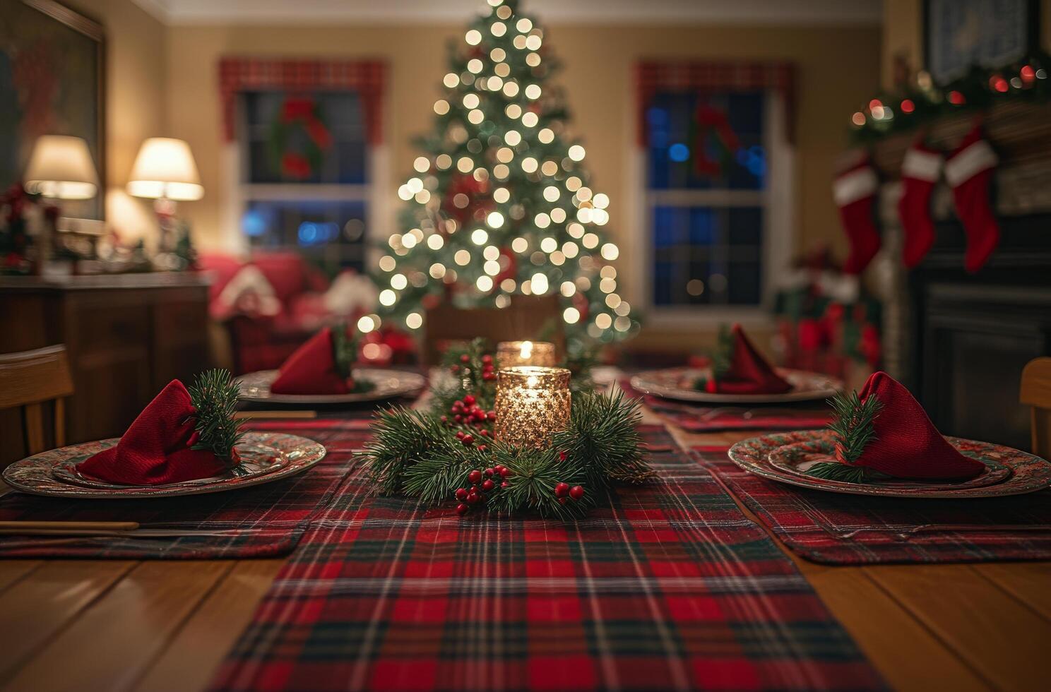 A cozy Christmas dining setup with a decorated tree, stockings and warm fireplace ambiance photo