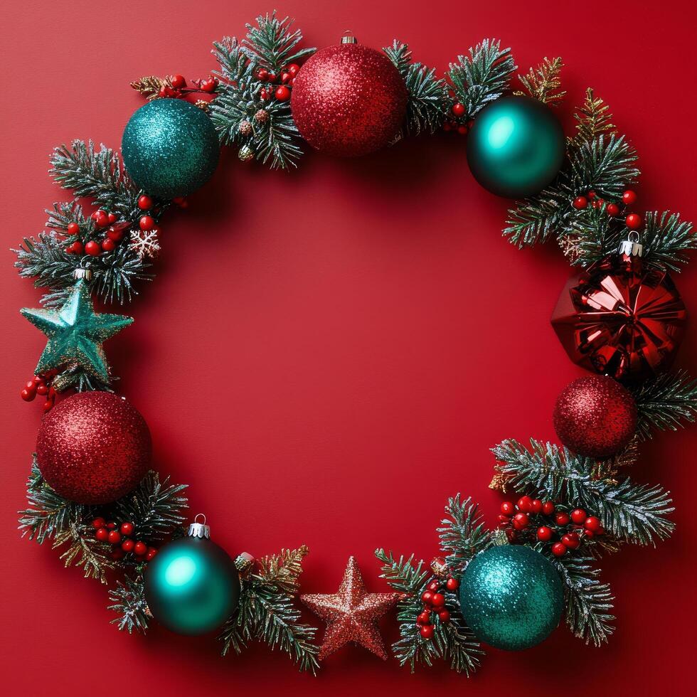 Decorative holiday wreath with colorful ornaments and festive accents on a red background photo