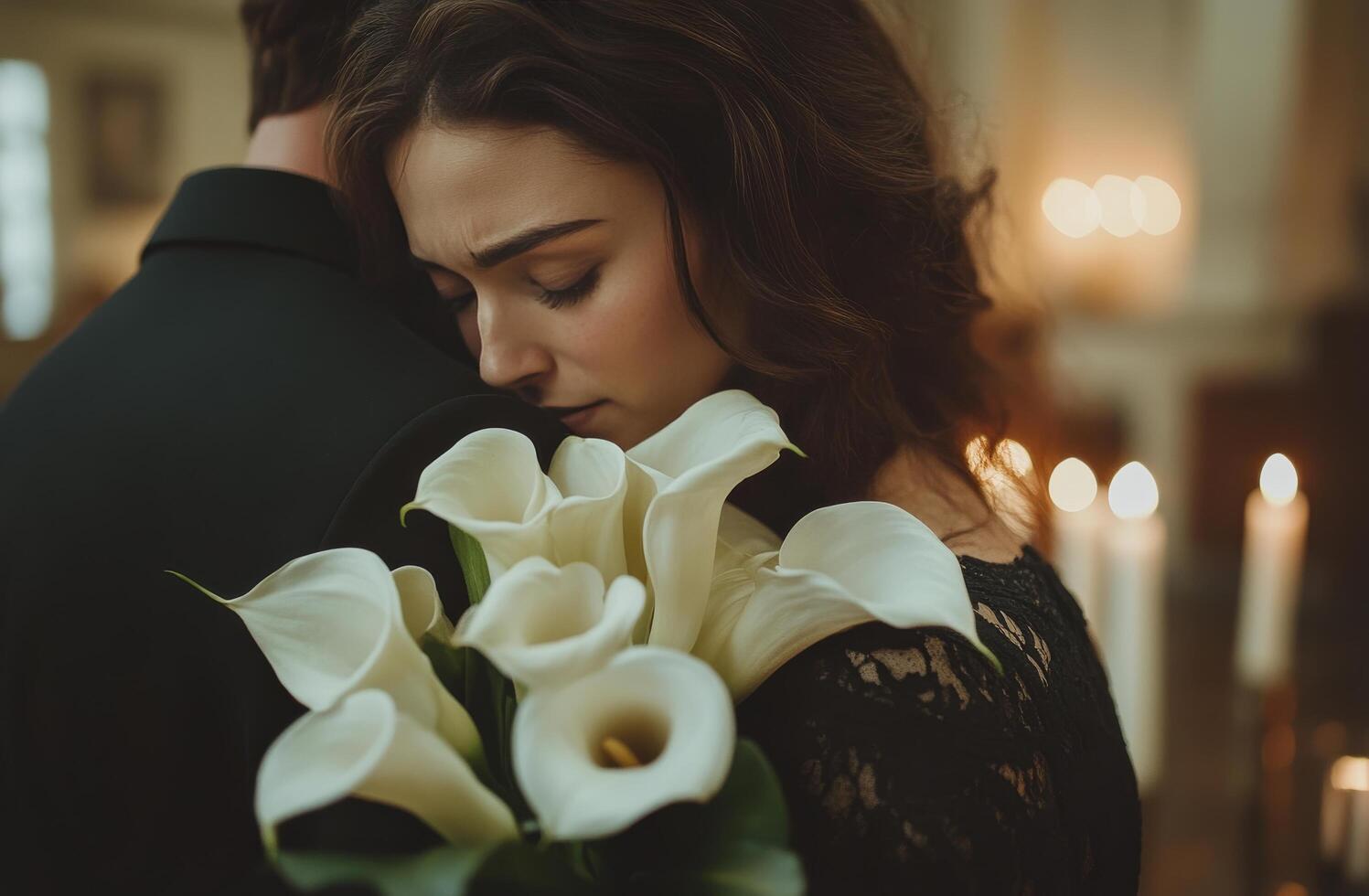 A couple embraces in a dimly lit room decorated with candles and fresh calla lilies photo