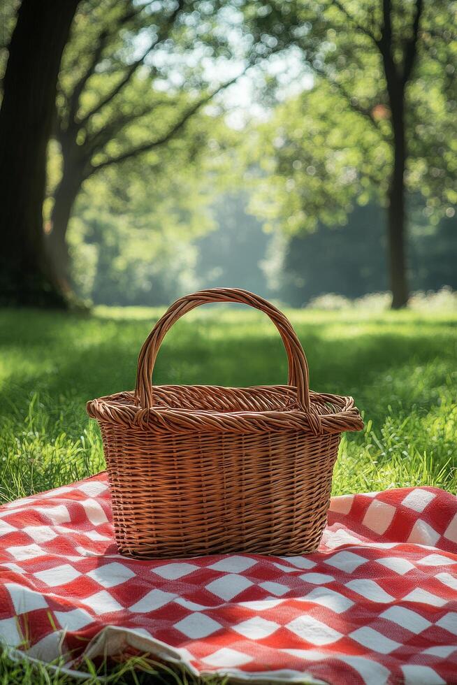 A cozy picnic setup with a woven basket on a red and white checkered blanket in a sunny park photo