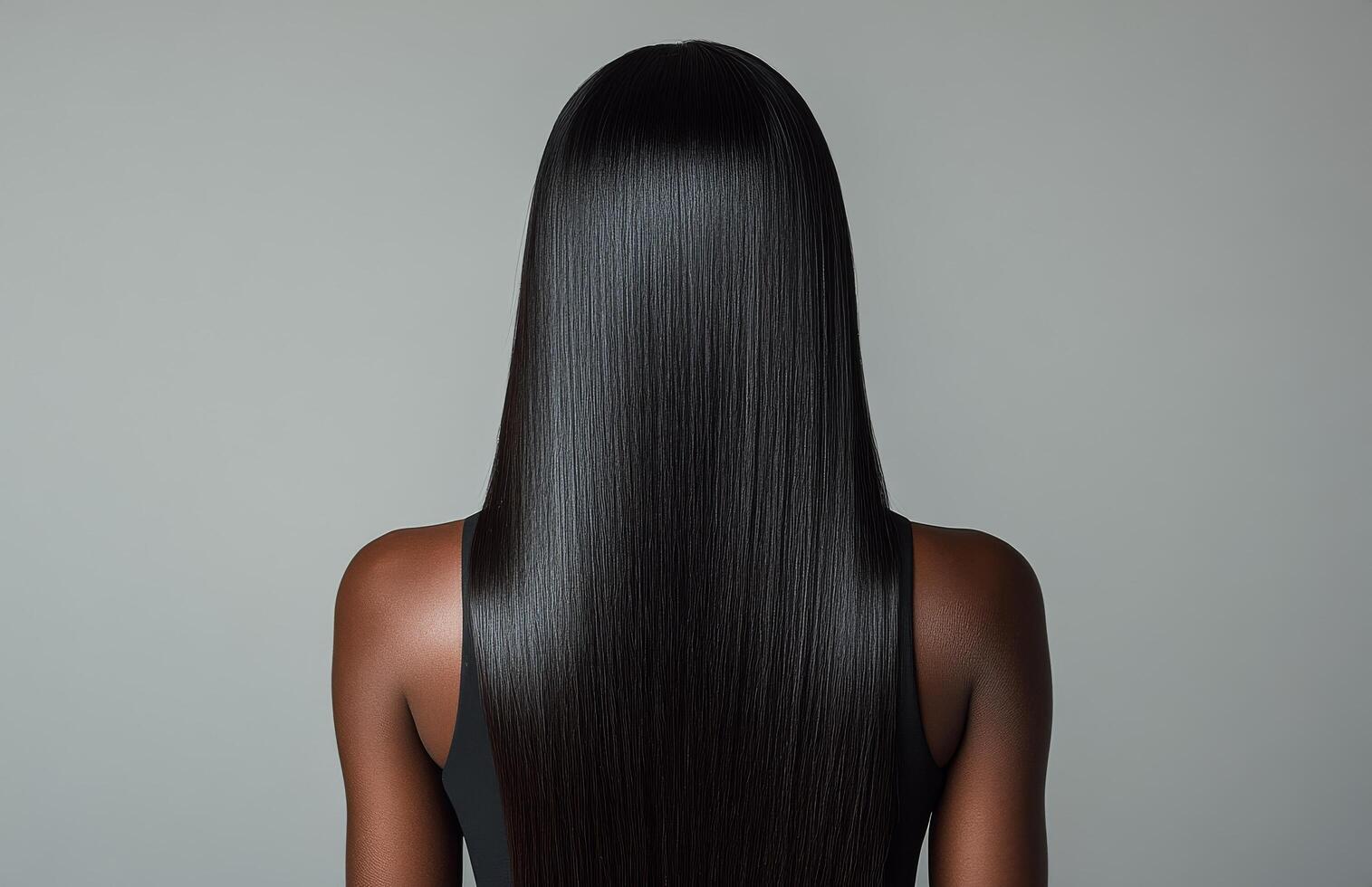 Long, sleek dark hair cascading down the back of a person against a neutral gray background photo