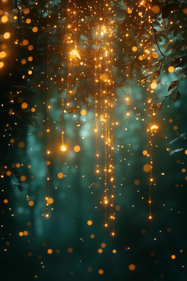 Magical forest atmosphere with suspended lights and shimmering bokeh in a lush greenery setting photo