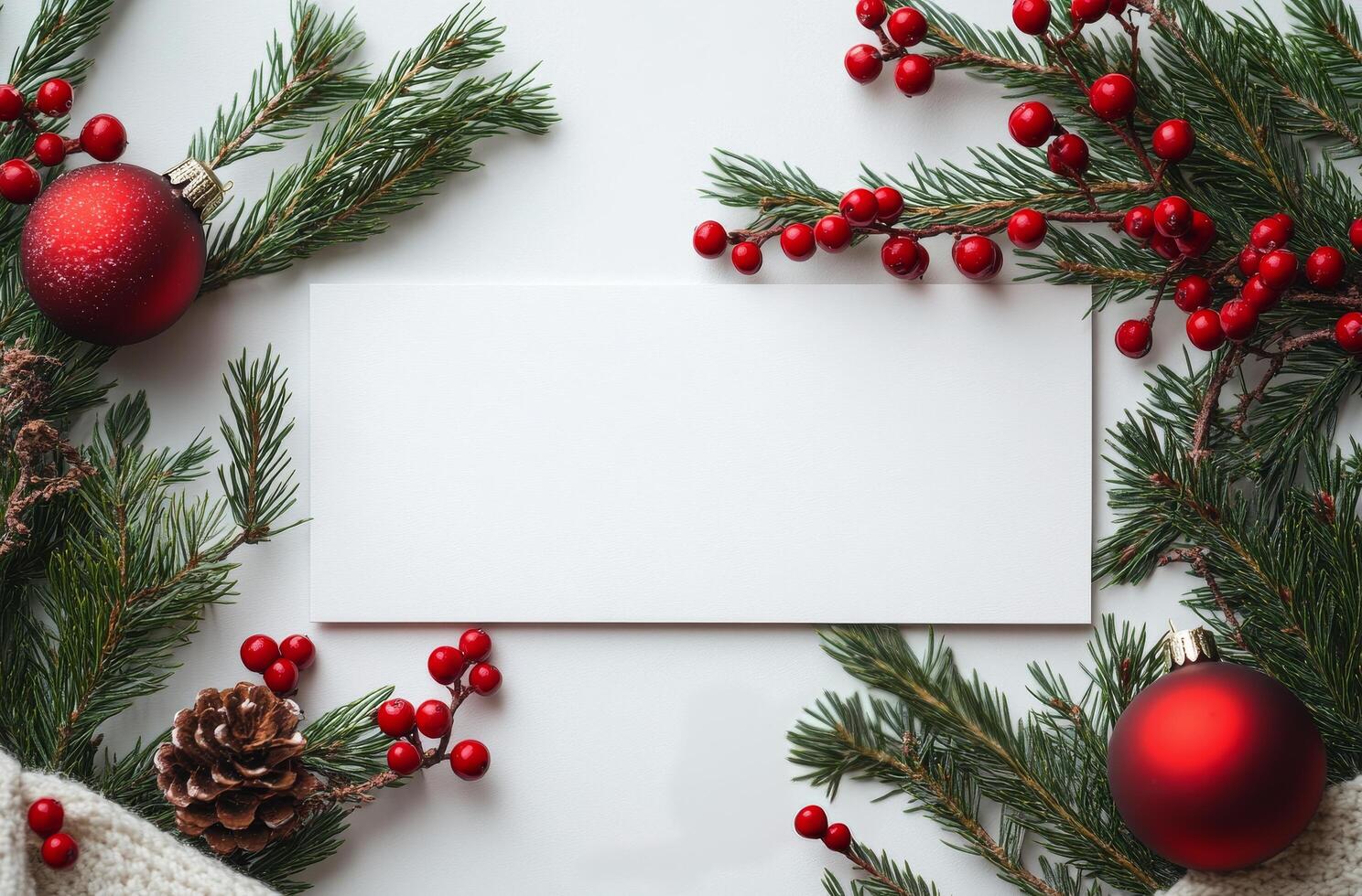 Festive arrangement of pine branches, berries, and pinecones with a blank card for holiday messages photo