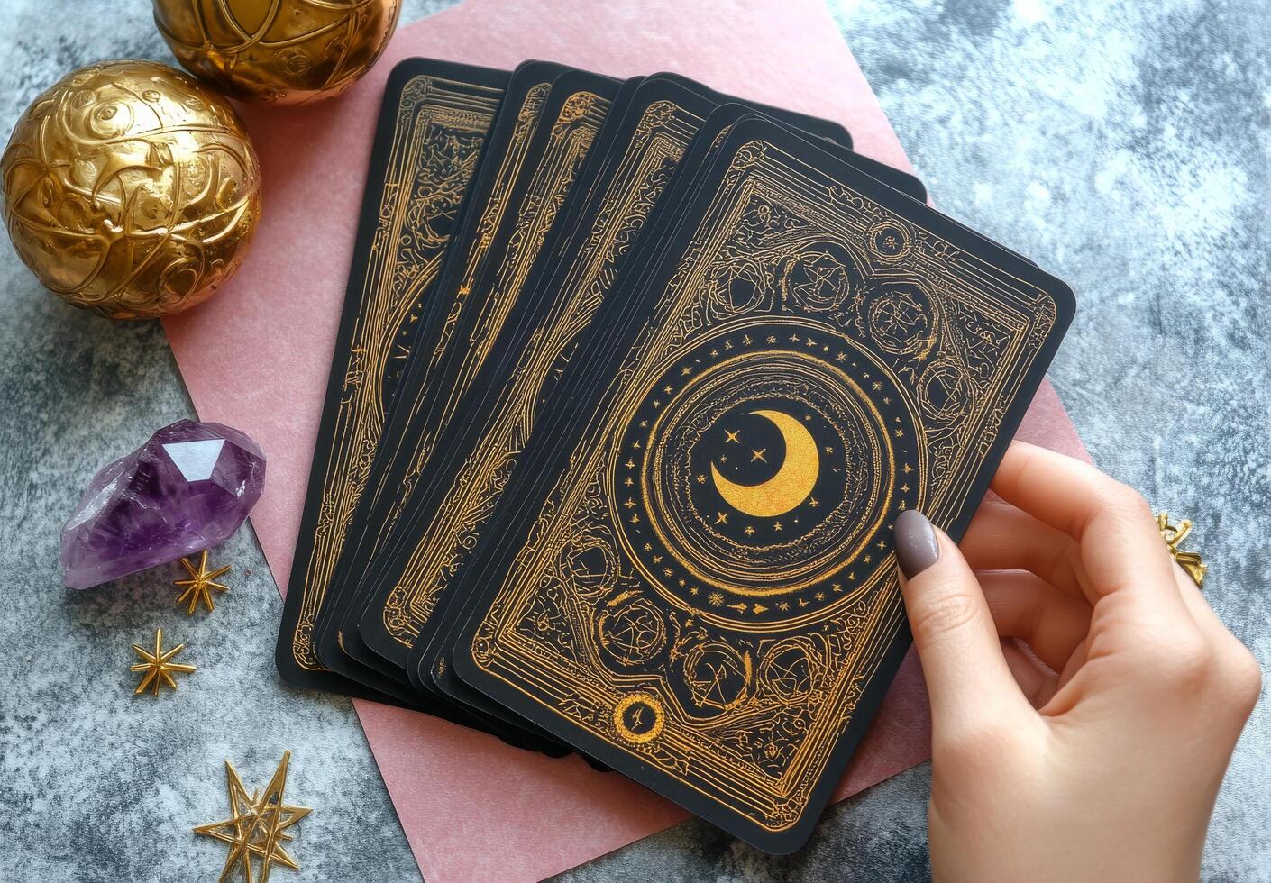 Tarot card reading session with beautifully designed cards on a pink background photo