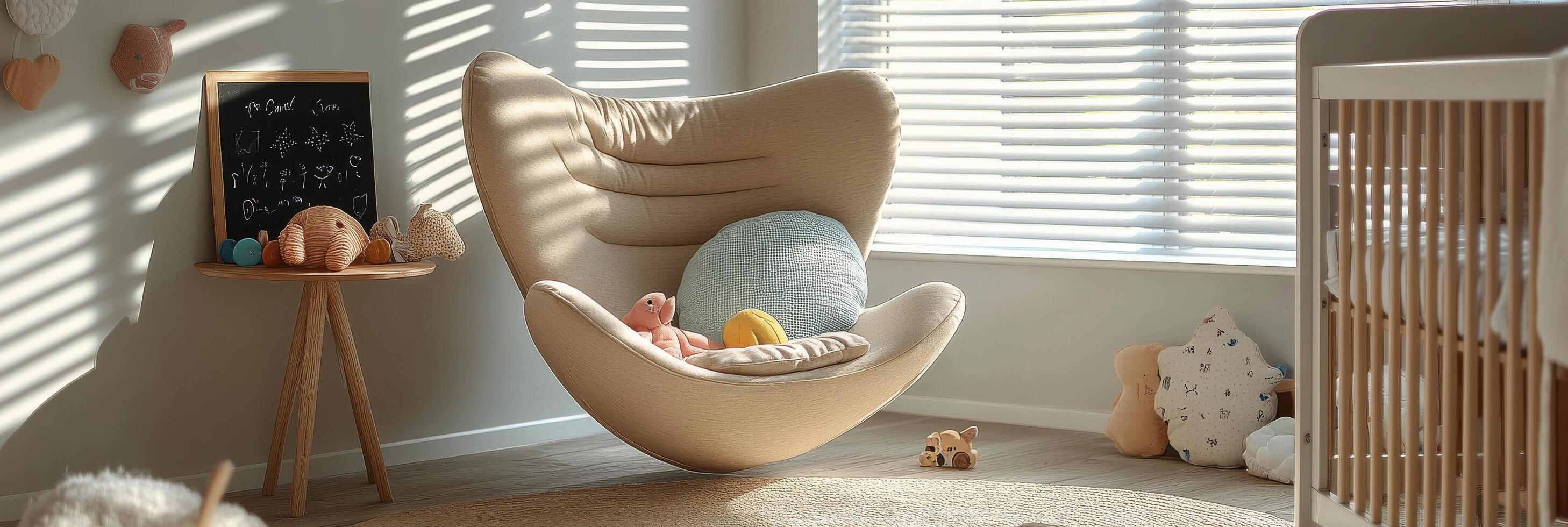 Cozy nursery corner with a rocking chair, toys, and soft sunlight in a warm, inviting space photo