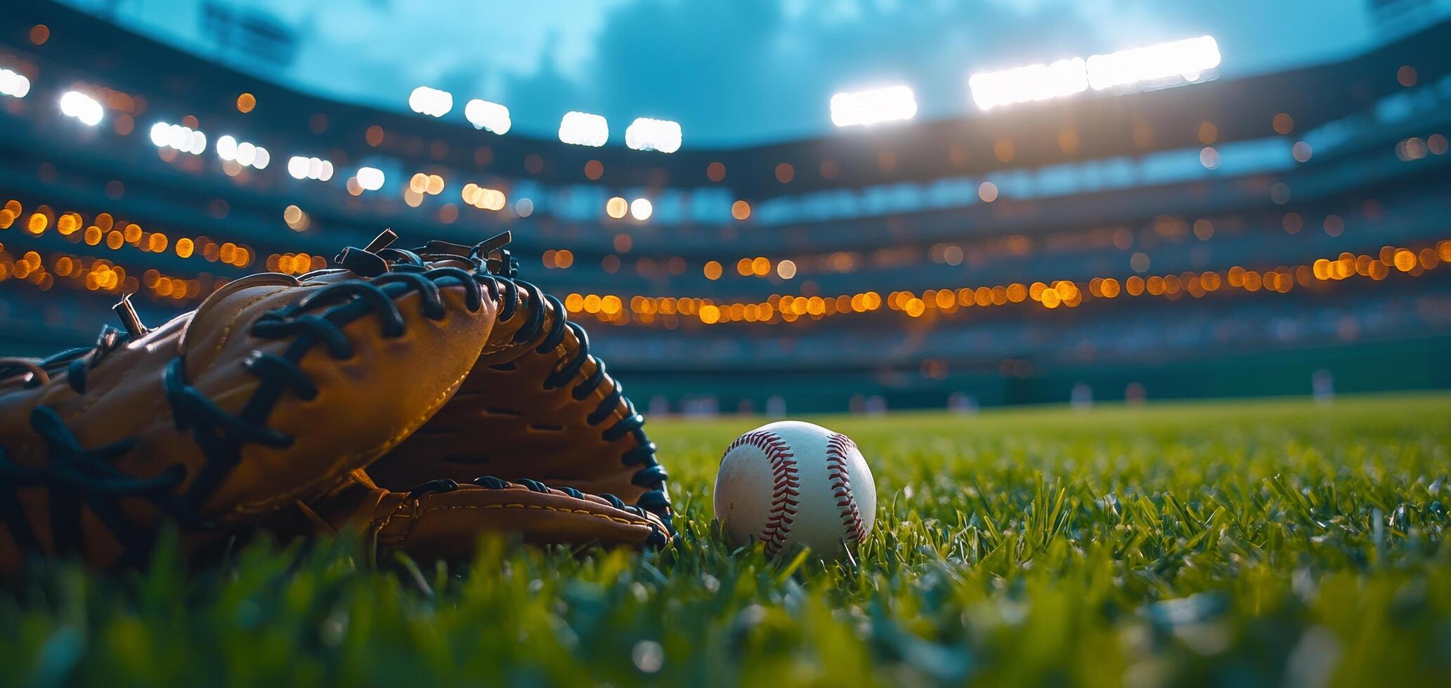 A baseball glove rests beside a ball on the grass at a dimly lit stadium during evening play photo