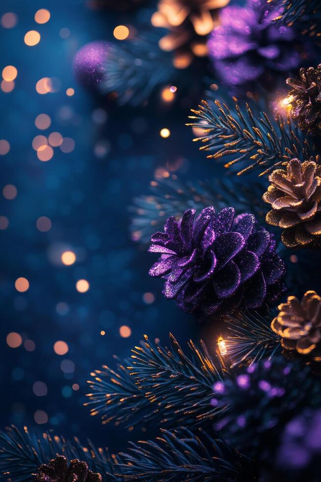 Festive holiday decor featuring purple pinecones and twinkling lights on a dark blue background photo