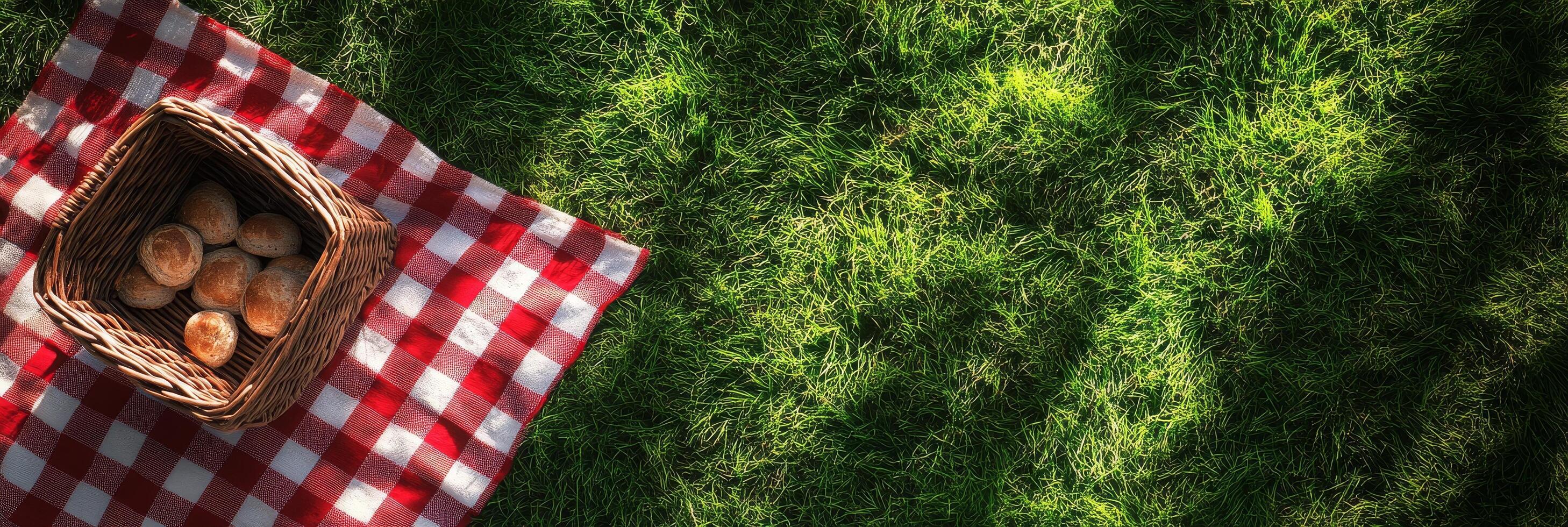 A woven basket rests on vibrant green grass with a red and white checkered cloth inside photo