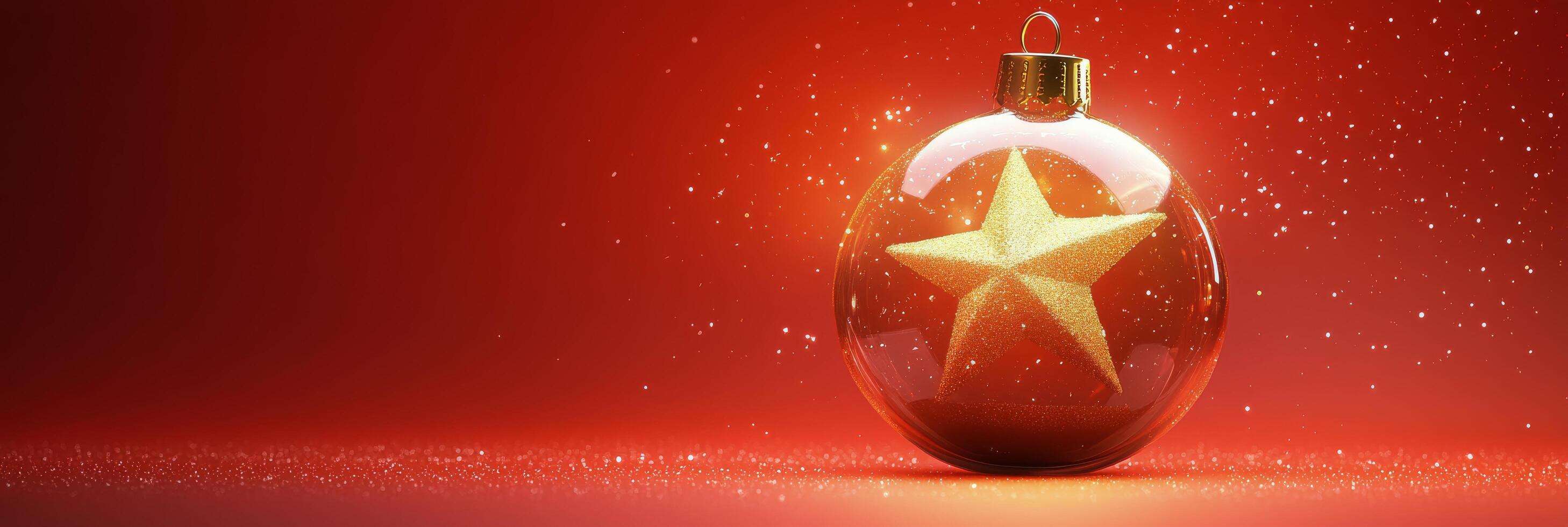 A sparkling red Christmas ornament with a golden star against a festive background photo