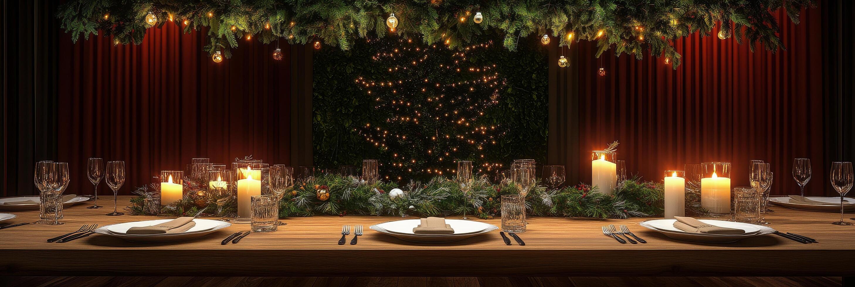 Elegant Christmas dinner table setting with candles and festive decor in a cozy setting photo