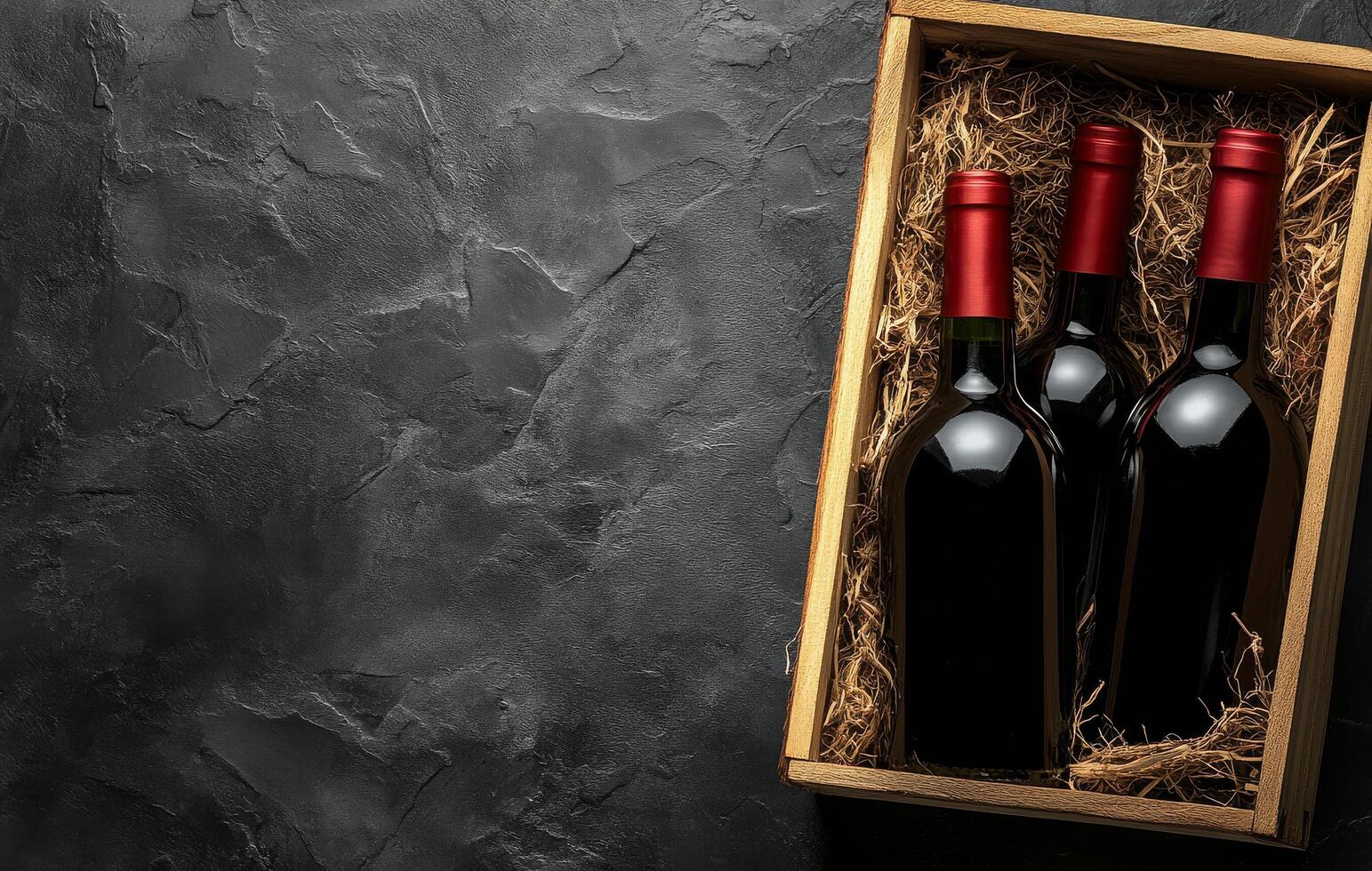 Elegant wooden box containing two wine bottles with red corks on a textured dark surface photo