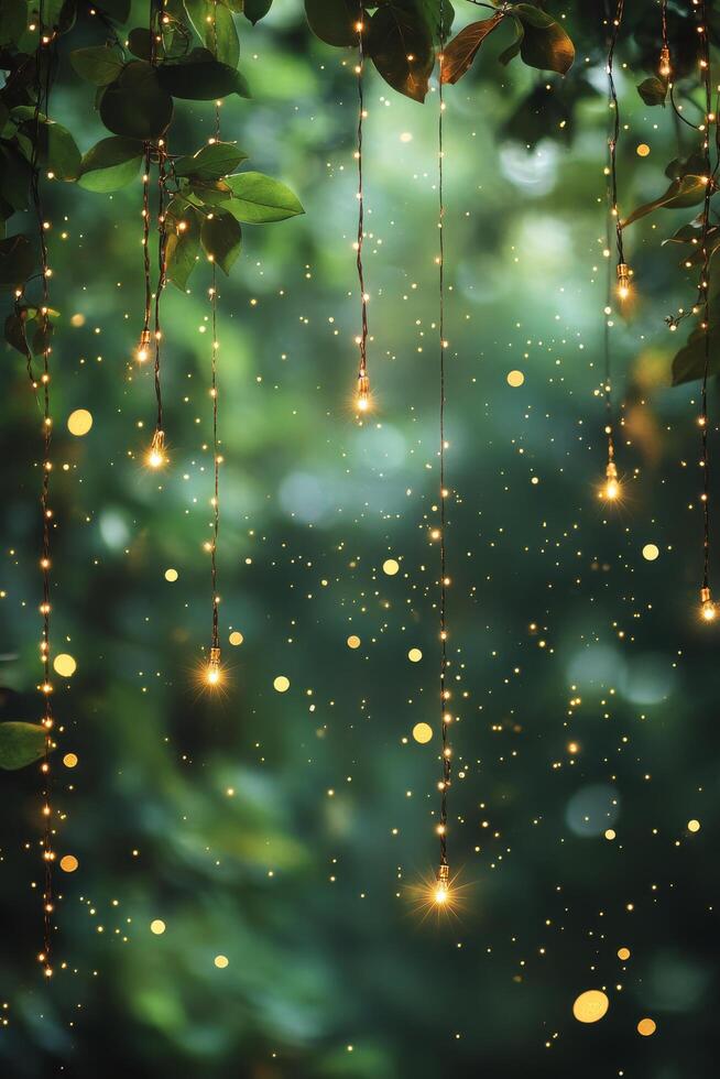 Magical forest atmosphere with suspended lights and shimmering bokeh in a lush greenery setting photo