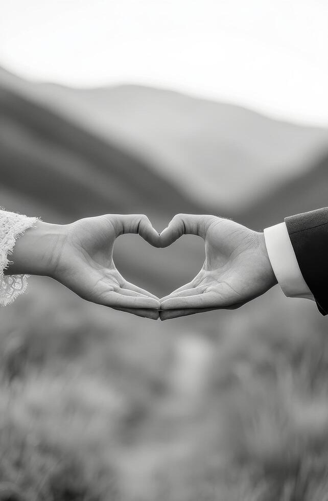 Couples hands forming a heart shape against a serene background during a romantic moment photo