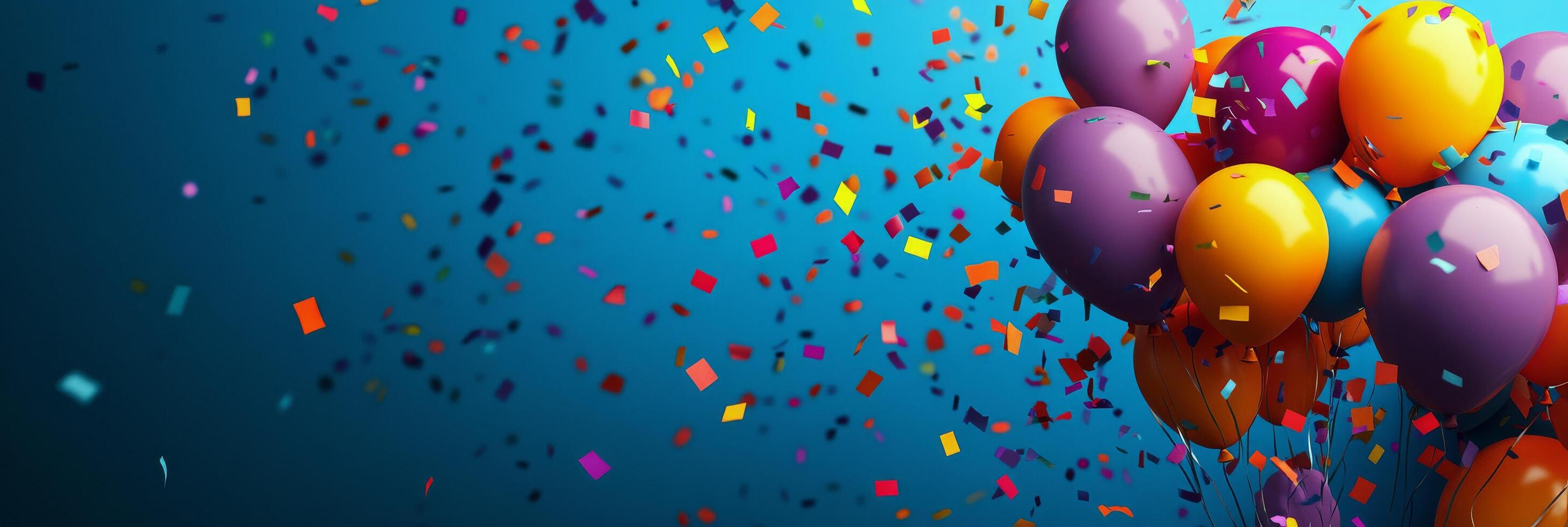 Colorful balloons float amidst vibrant confetti against a bright blue background photo