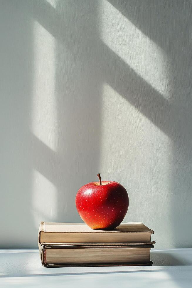 A vibrant red apple resting atop three stacked books on a sunny surface with shadows photo