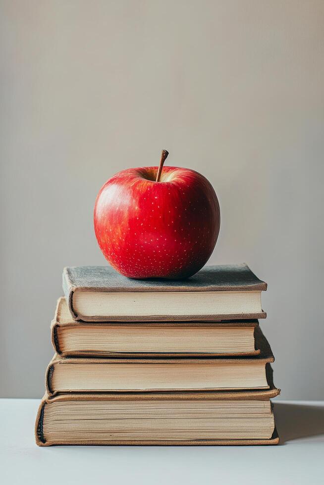 A vibrant red apple resting atop three stacked books on a sunny surface with shadows photo