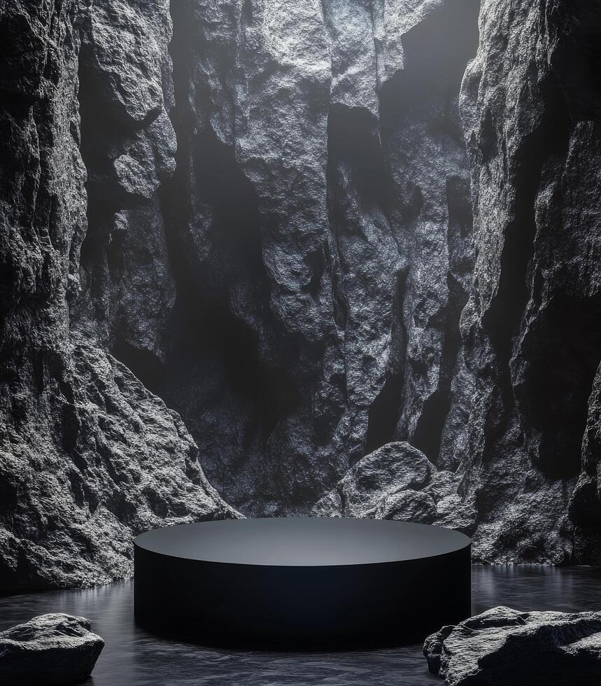 A dark, rocky canyon with a circular platform at the center illuminated by ambient light photo
