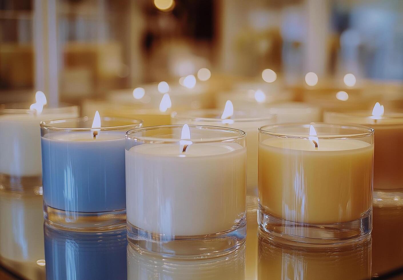 Candles of various colors and sizes glow softly in a cozy indoor setting during the evening photo