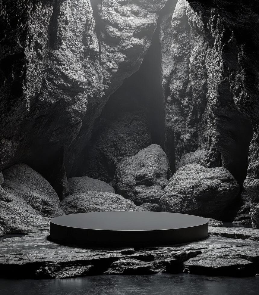 A dark, rocky canyon with a circular platform at the center illuminated by ambient light photo