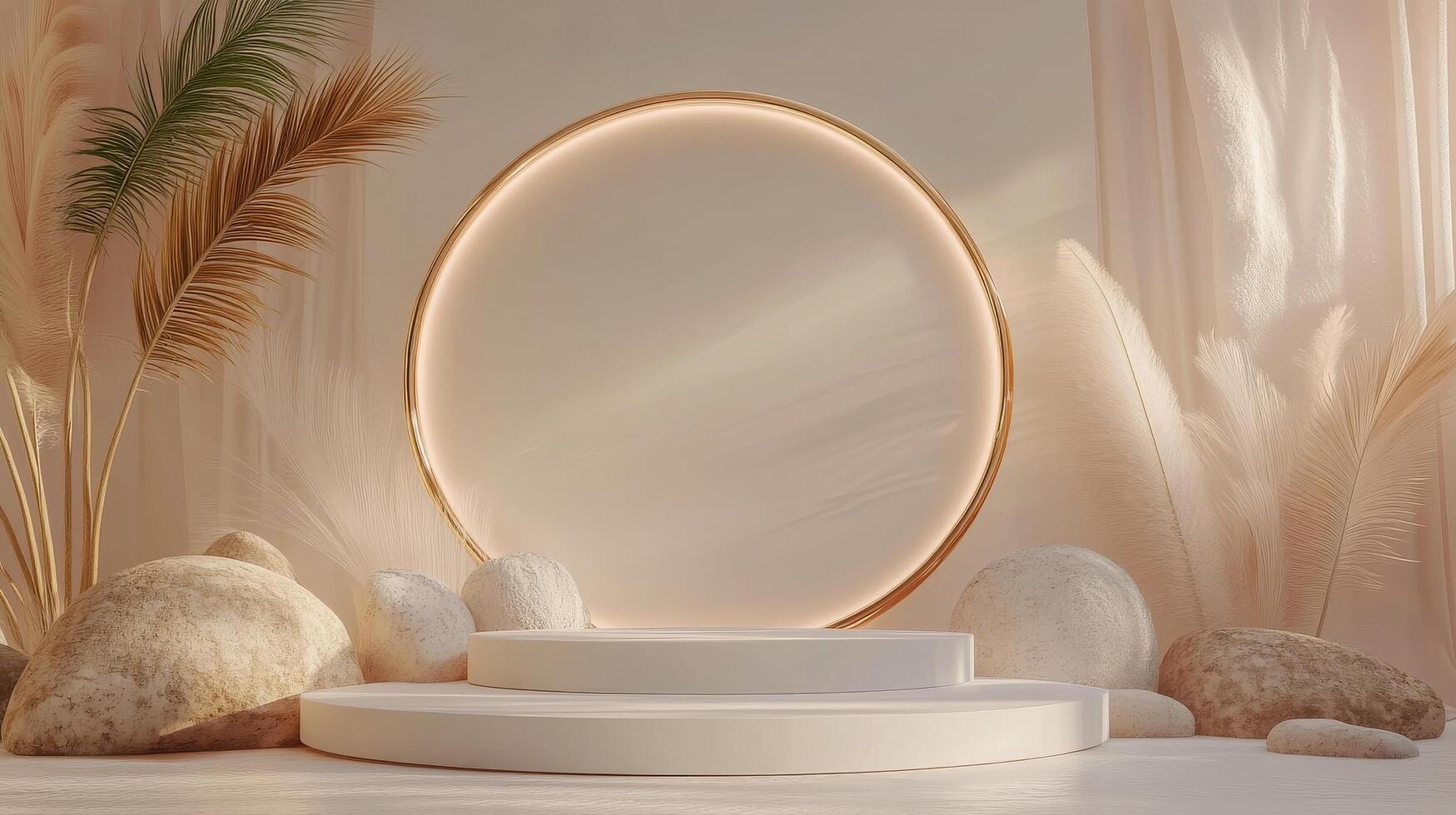 A minimalist studio setting features a circular golden frame illuminated by soft light photo