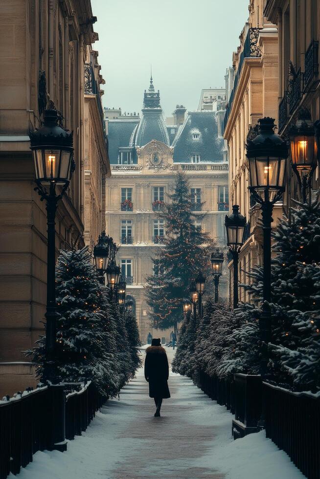 Winter walk through a snowy Parisian alley with festive decorations and warm street lamps photo