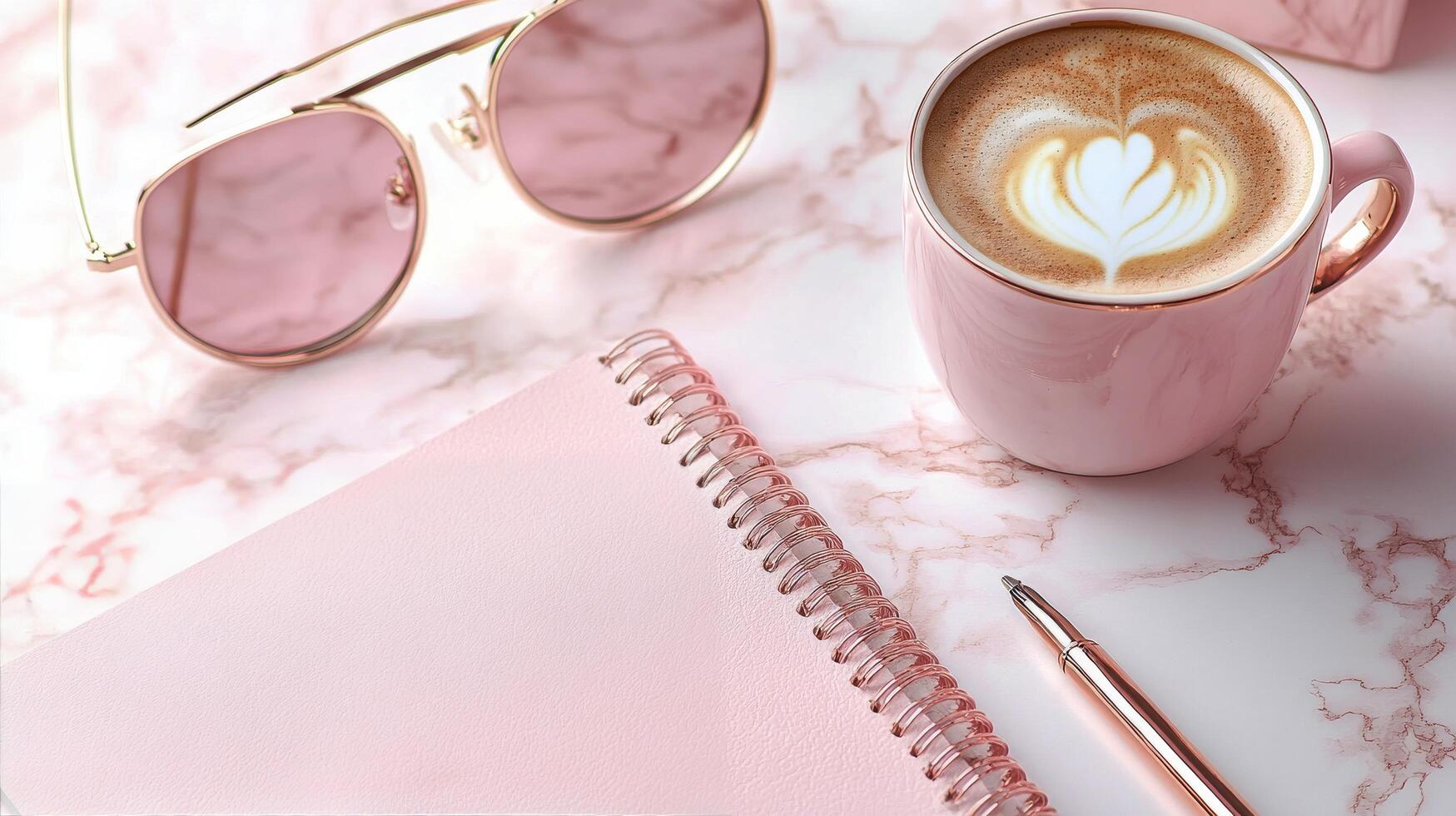A cozy workspace with a cup of latte, stylish sunglasses, and a notepad on a marble background photo