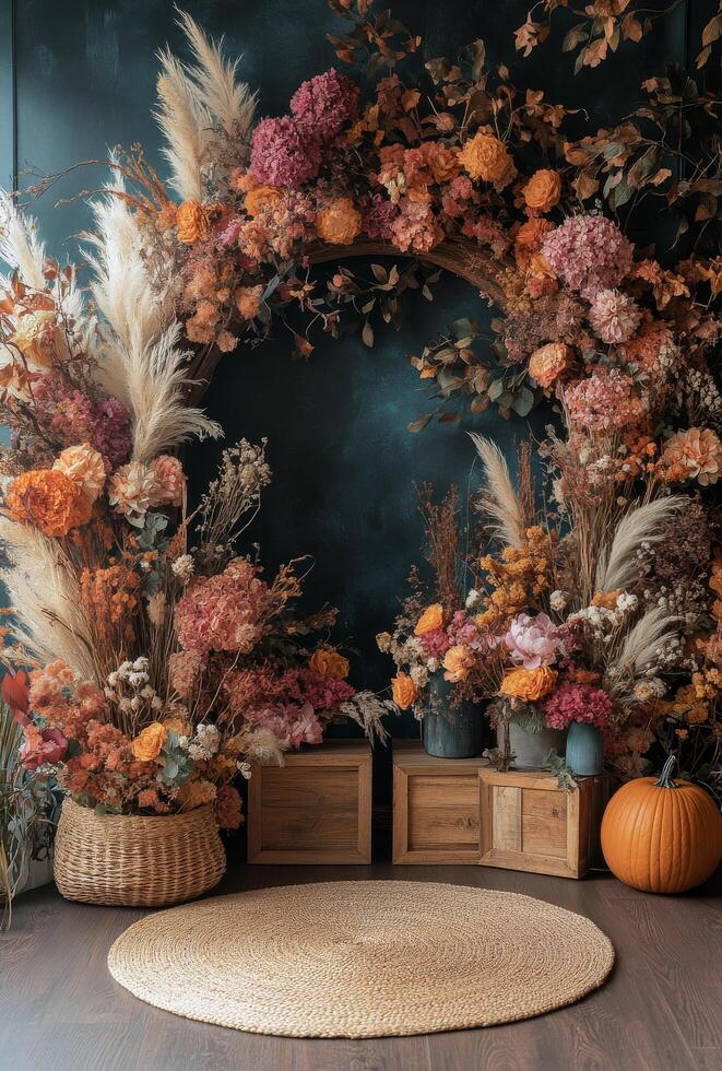 Autumn floral arch with dried flowers and decorative elements in warm tones photo