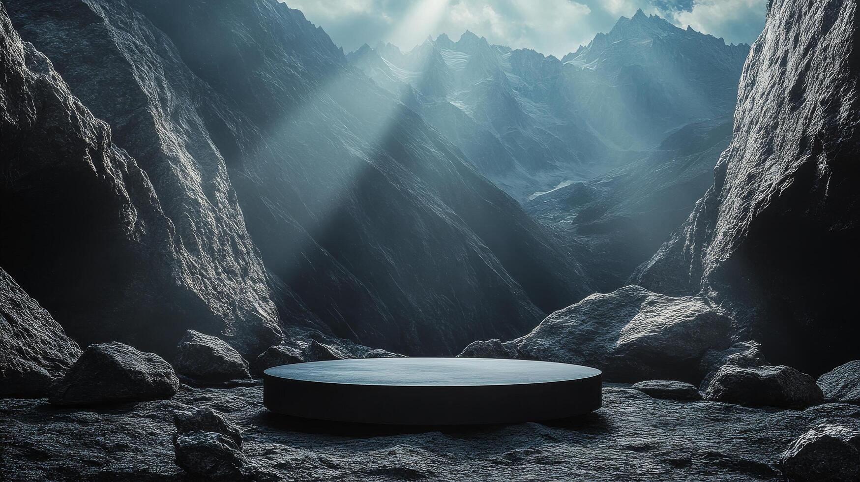 Mysterious circular platform in a shadowy cave illuminated by beams of light at dusk photo