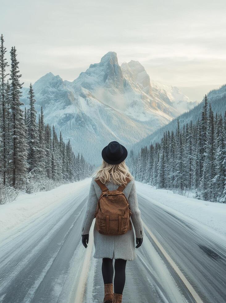 Person with a backpack walking on a snowy road surrounded by mountains in winter photo