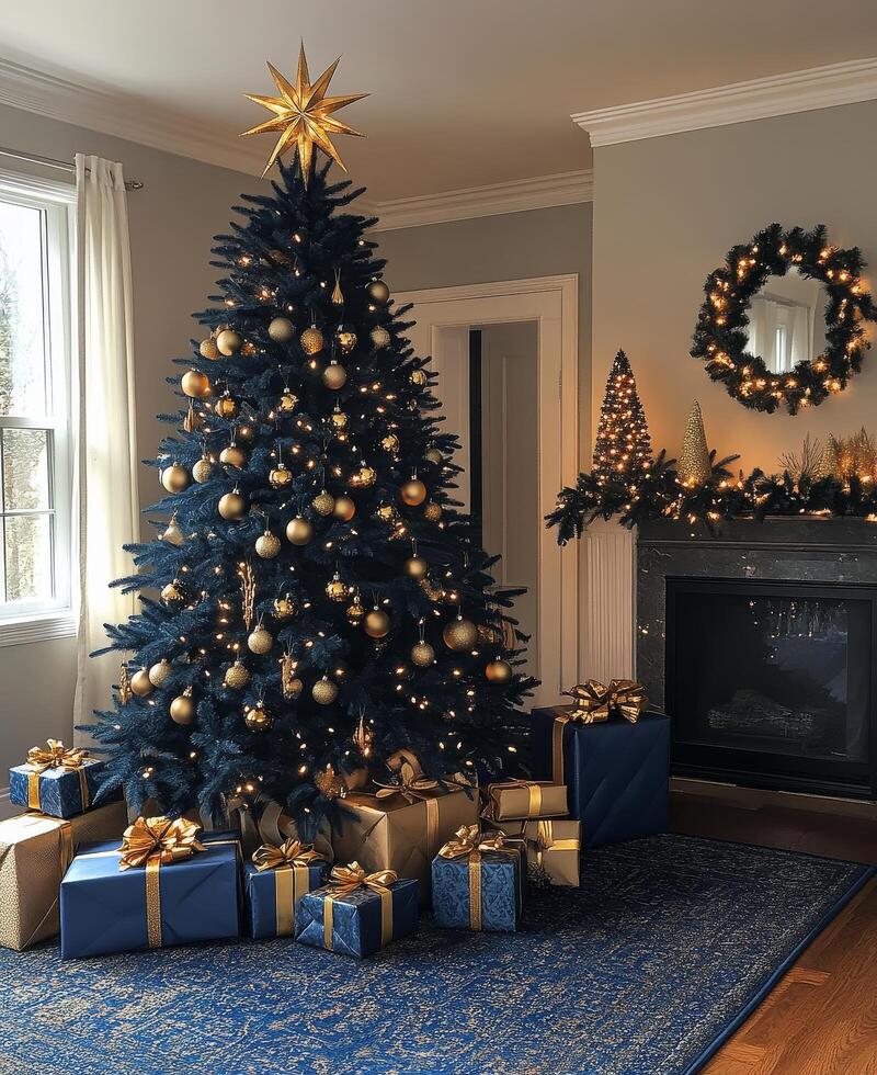 Elegant Christmas tree adorned with golden ornaments and presents in a cozy festive living room photo