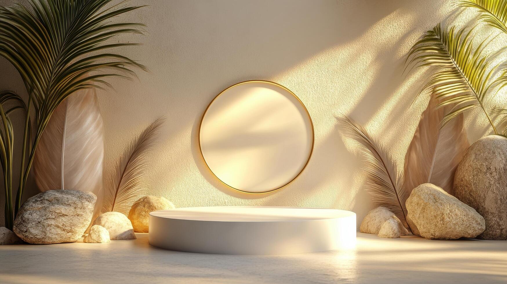 A minimalist studio setting features a circular golden frame illuminated by soft light photo