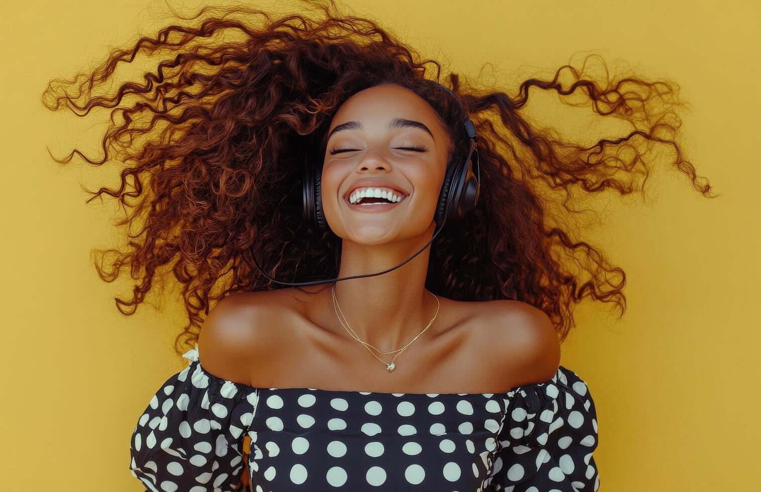 Young woman enjoying music with headphones while smiling against a vibrant yellow background photo