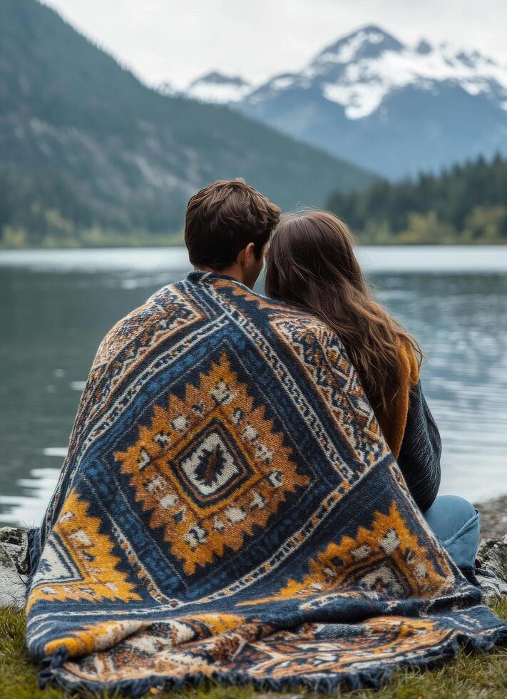 A couple enjoys a relaxing moment by the serene lake surrounded by majestic mountains in nature photo