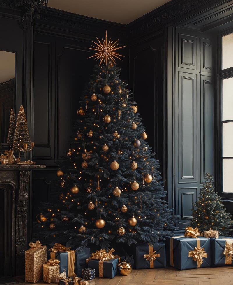 Elegant Christmas tree adorned with golden ornaments and presents in a cozy festive living room photo