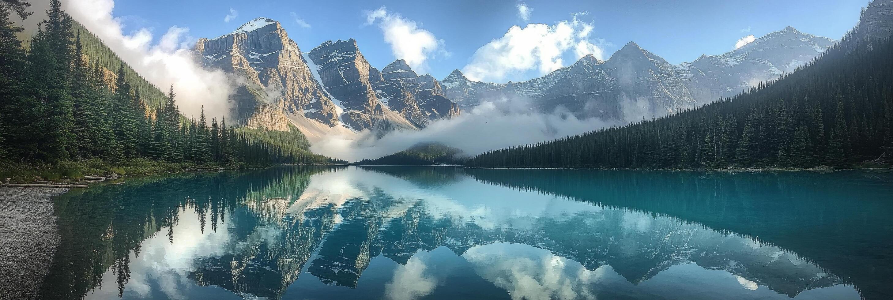 Tranquil mountain lake reflecting peaks and sky in a stunning natural landscape setting photo