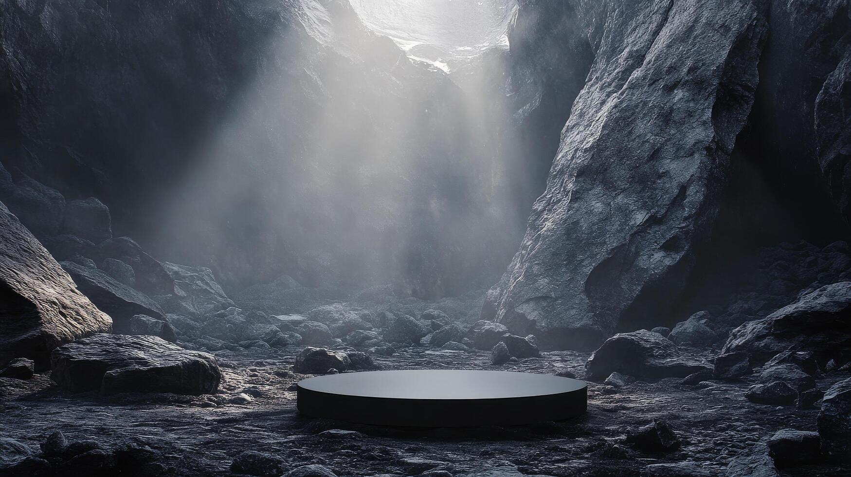 Mysterious circular platform in a shadowy cave illuminated by beams of light at dusk photo