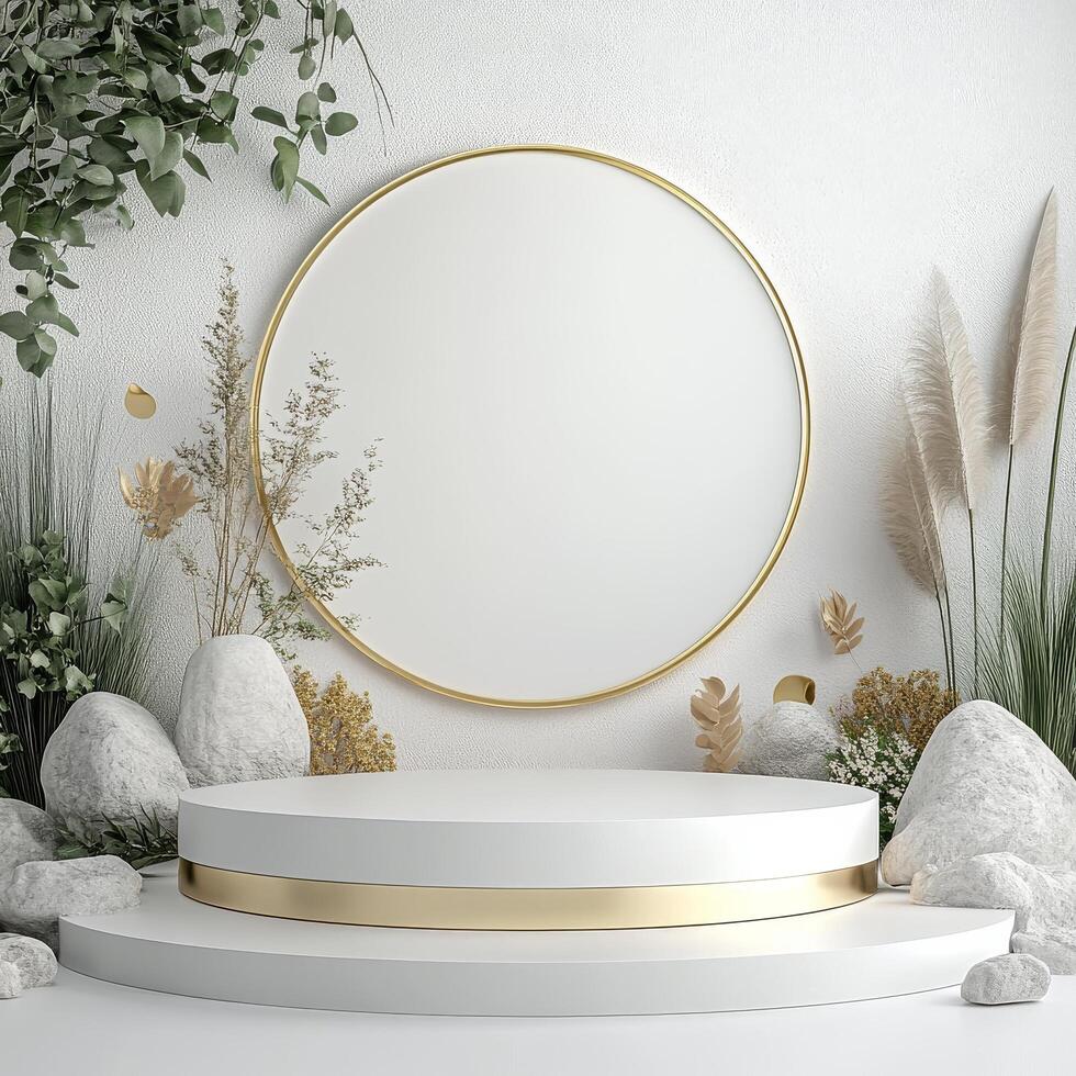 A stylish display with a circular mirror and elegant greenery in a bright space photo