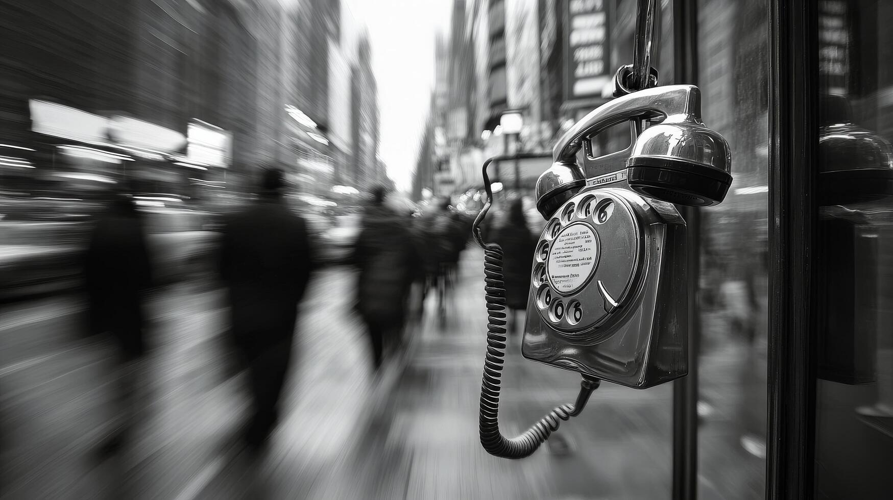A vintage payphone stands on a busy street while pedestrians pass by in a bustling city atmosphere photo