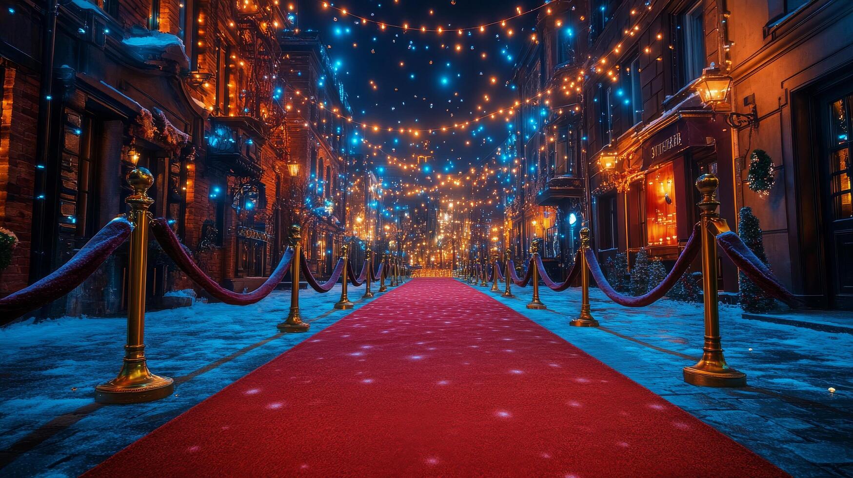 Vibrant nighttime red carpet event with illuminated buildings and festive lights in a city setting photo