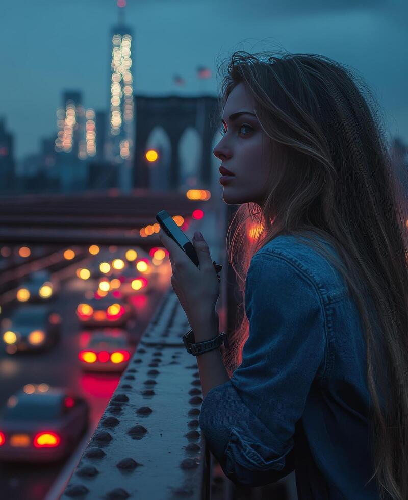 Young woman enjoying the evening view of the Brooklyn Bridge while holding a phone photo