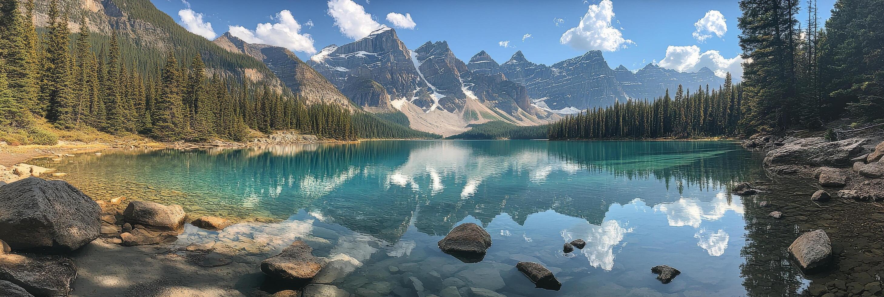 Tranquil mountain lake reflecting peaks and sky in a stunning natural landscape setting photo